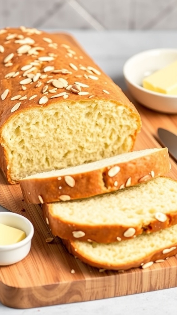 Sliced almond flour low carb bread on a cutting board with butter.